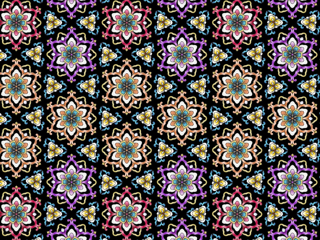 6種類の幾何学的な花柄模様の背景イラストとベクター | 黒色