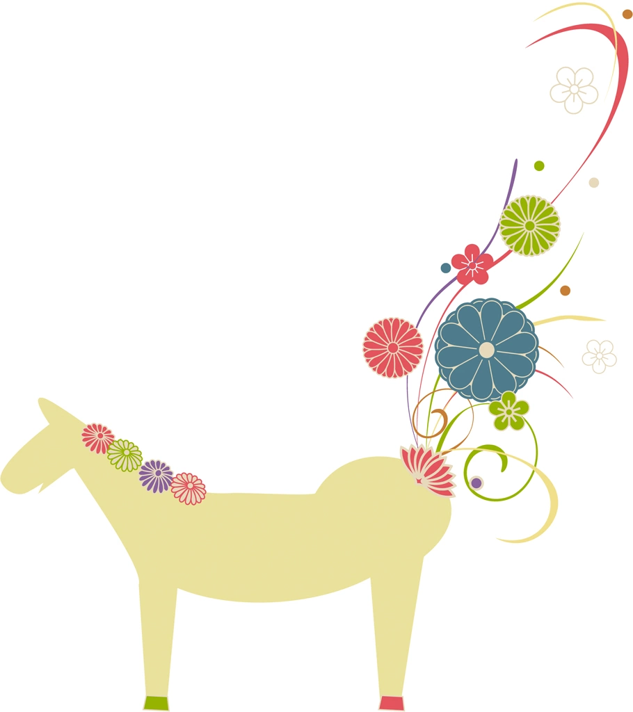 2種類の馬と菊花紋章と梅花紋のイラストとベクター | 1