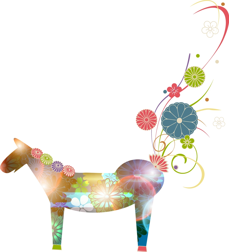 2種類の馬と菊花紋章と梅花紋のイラストとベクター | 2