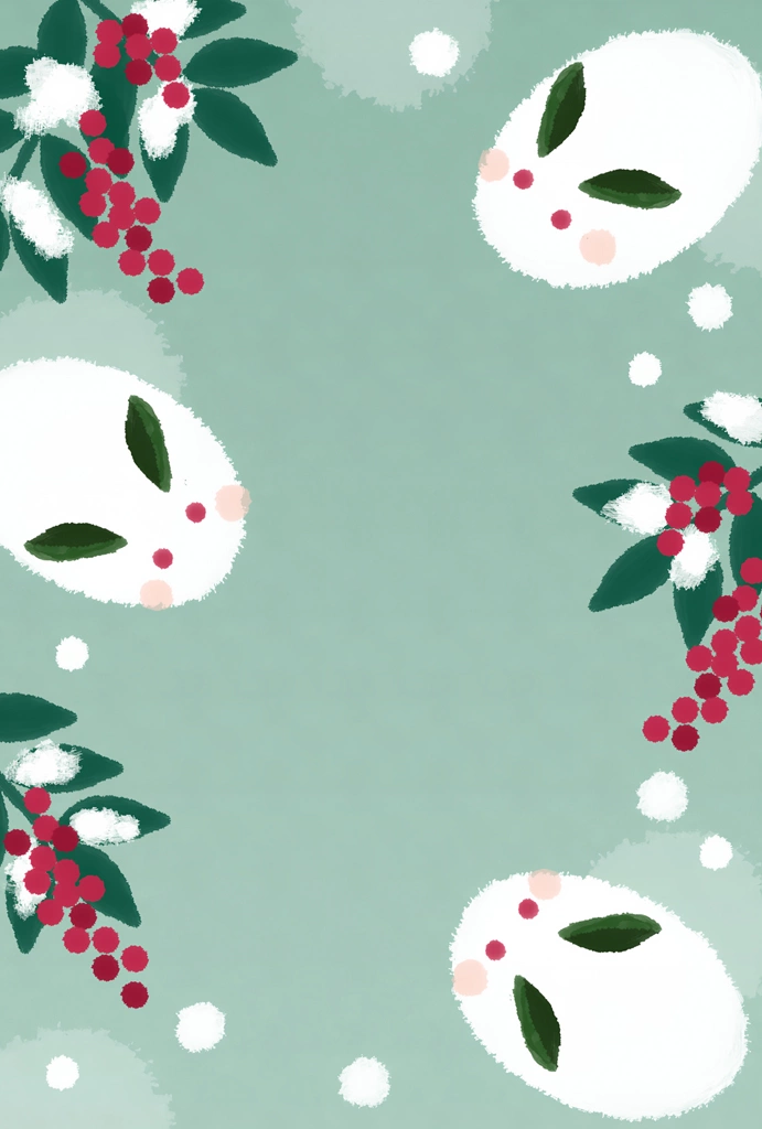 2種類の南天と雪うさぎの背景イラスト | 緑色