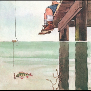 「しりたがりやのちいさな魚のお話 挿絵 #3 （釣り針のついた餌に引き寄せられるスズキの子）」 エルサ・ベスコフ