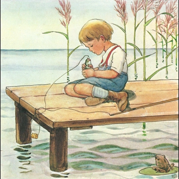 「しりたがりやのちいさな魚のお話 挿絵 #4 （スズキの子を釣り上げた男の子）」 エルサ・ベスコフ