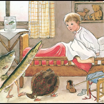 「しりたがりやのちいさな魚のお話 挿絵 #9 （釣り上げたスズキの子を海に返すように説得する魚たち）」 エルサ・ベスコフ