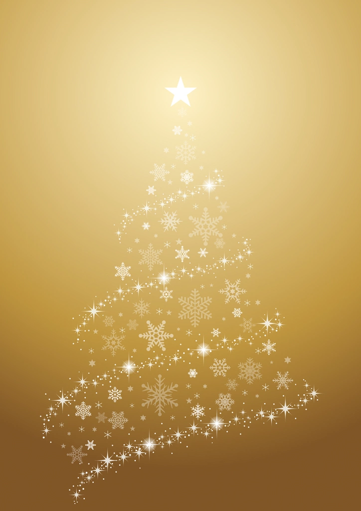 4種類の光と雪の結晶のクリスマスツリーのイラストとベクター | 金色