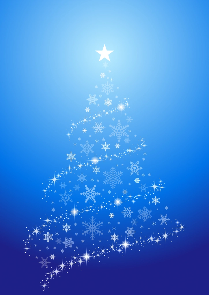 4種類の光と雪の結晶のクリスマスツリーのイラストとベクター | 青色