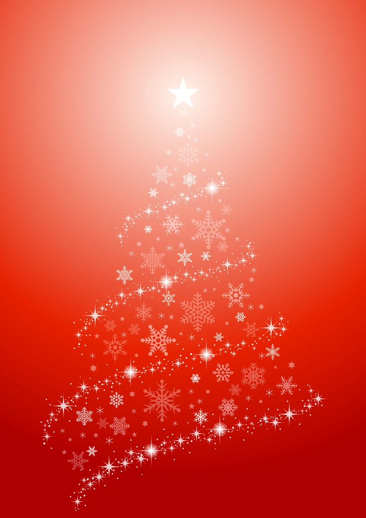 4種類の光と雪の結晶のクリスマスツリーのイラストとベクター | 赤色