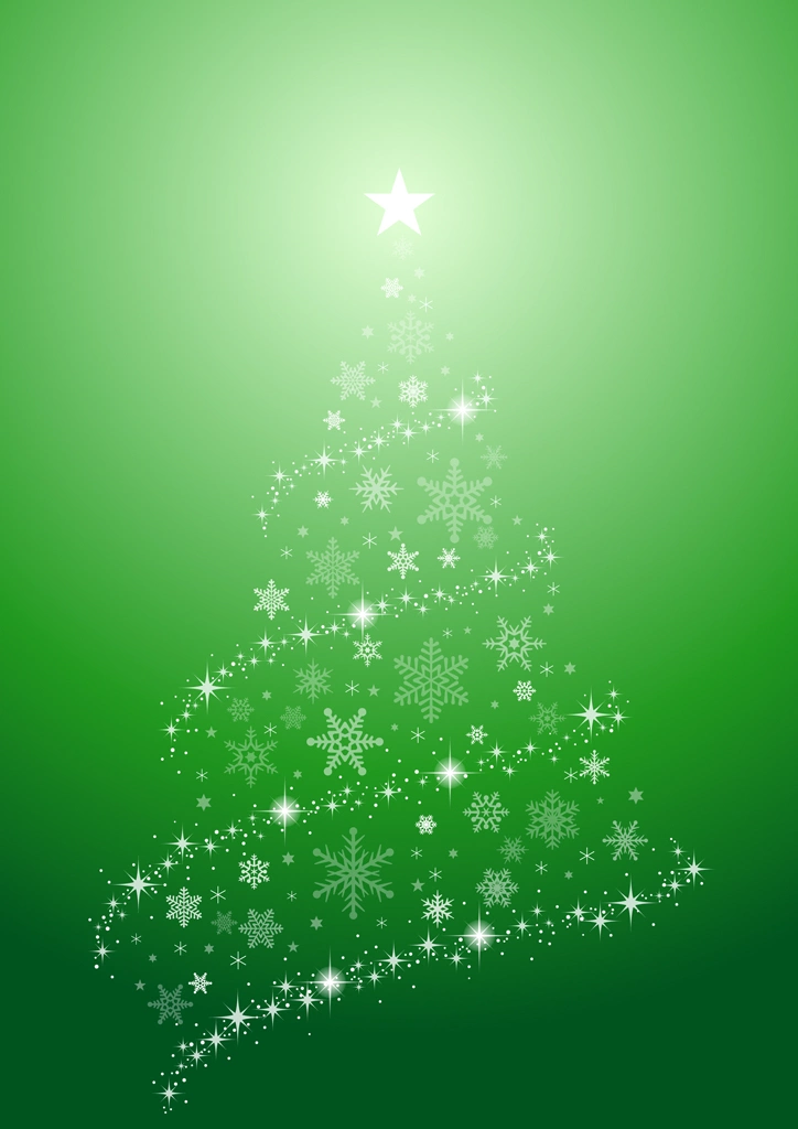 4種類の光と雪の結晶のクリスマスツリーのイラストとベクター | 緑色