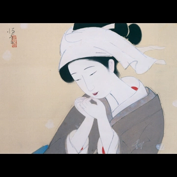 Portrait of a Beauty with Huge Snowflakes by Kitano Tsunetomi (circa 1928)