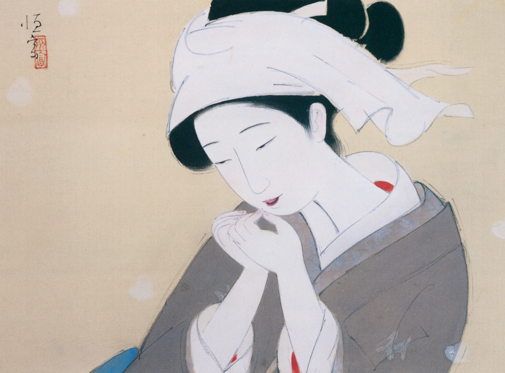 Portrait of a Beauty with Huge Snowflakes by Kitano Tsunetomi (circa 1928) | from Kitano Tunetomi Exhibition: Tokyo Station Gallery