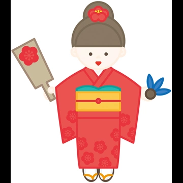 3種類の羽根と羽子板を持つ晴れ着姿の女の子のイラストとベクター