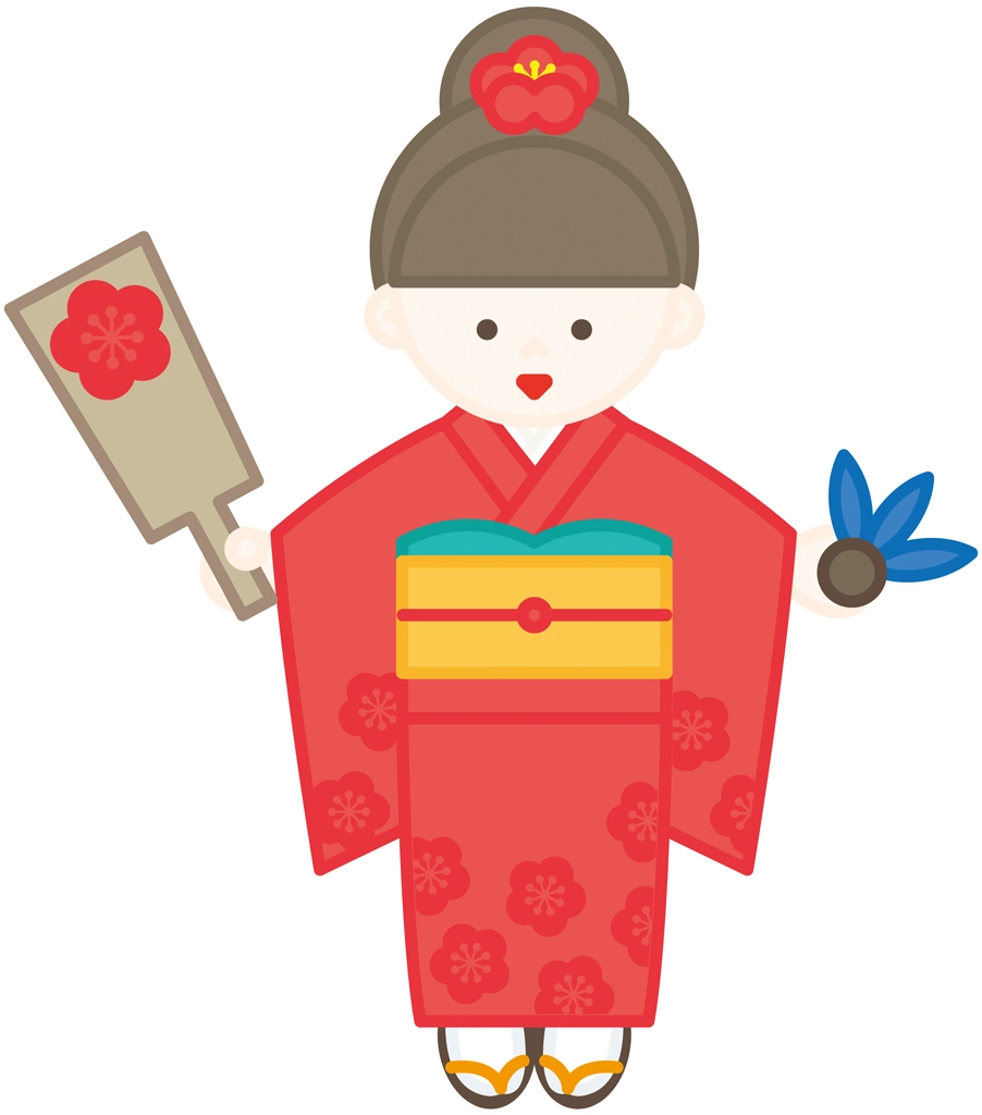 3種類の羽根と羽子板を持つ晴れ着姿の女の子のイラストとベクター | 赤色