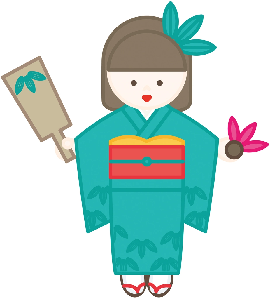 3種類の羽根と羽子板を持つ晴れ着姿の女の子のイラストとベクター | 緑色