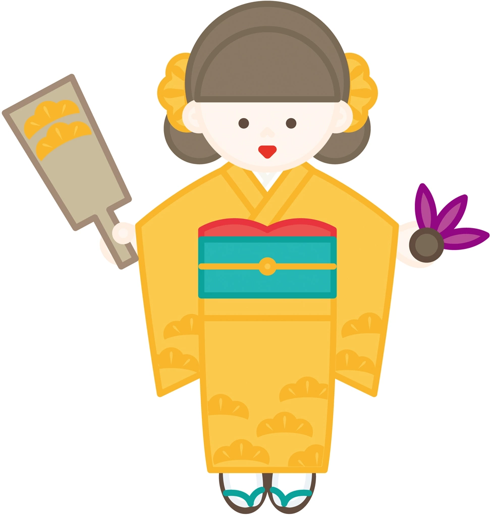 3種類の羽根と羽子板を持つ晴れ着姿の女の子のイラストとベクター | 黄色