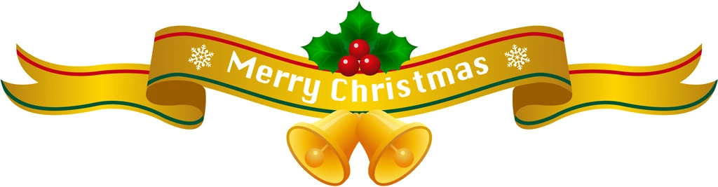 3種類のベルとセイヨウヒイラギがついたクリスマスリボンのイラストとベクター | 金色