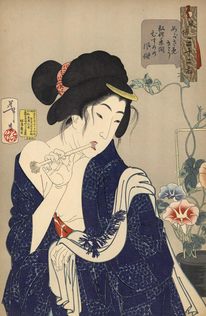 「風俗三十二相 めがさめさう 弘化年間むすめの風俗」 月岡芳年 （1888年） | 婦人風俗三十二相より