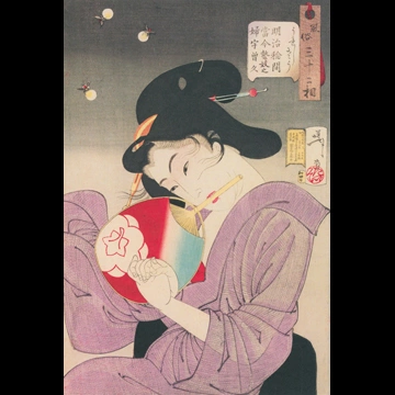 「風俗三十二相 うれしさう 明治稔間当今芸妓之ふうそく」 月岡芳年 （1888年）