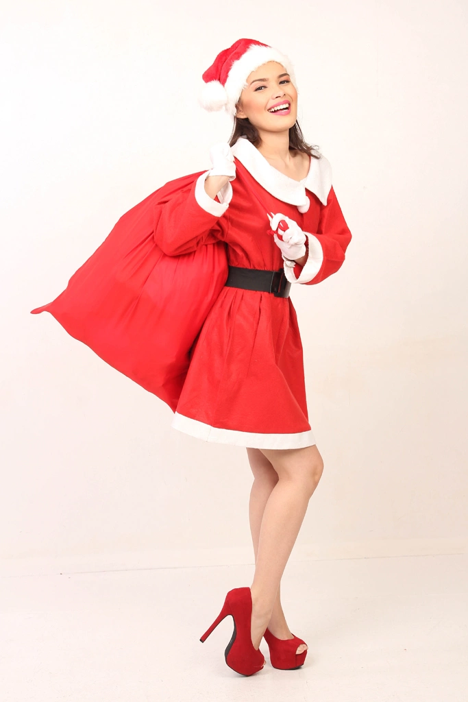 5種類のサンタクロースの衣装を着てプレゼント袋を担ぐ女性のポートレート写真 | オリジナル