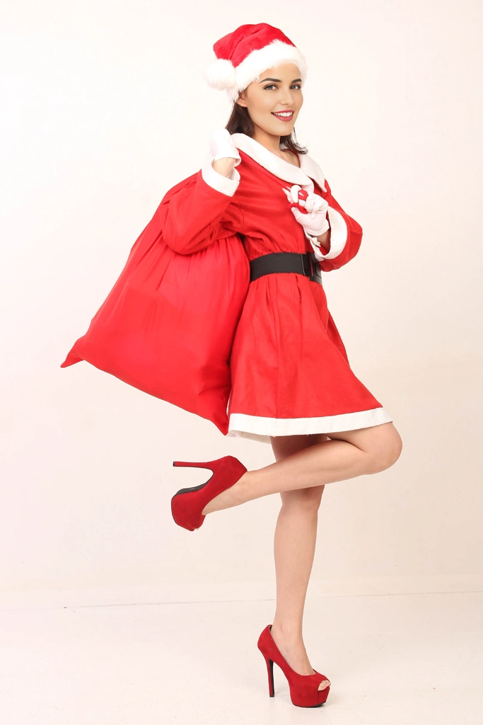 5種類のプレゼント袋を担いで片足を上げるサンタ衣装の女性のポートレート写真 | アジア人女性 ＃1 （顔 AI加工）