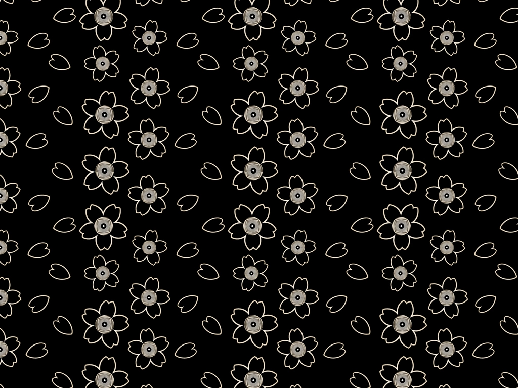 6種類の桜の花と花びらのパターン背景イラストとベクター | 黒色