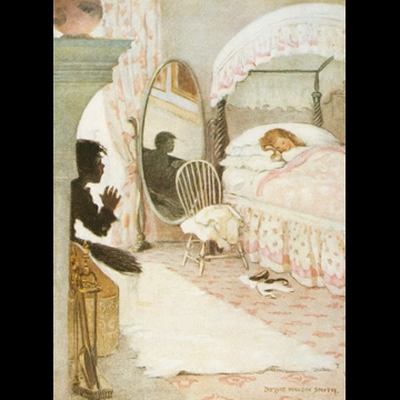 「水の子どもたち 挿絵 #2 （ベッドで眠るエリーに遭遇する煤だらけの煙突掃除夫のトム）」 ジェシー・ウィルコックス・スミス