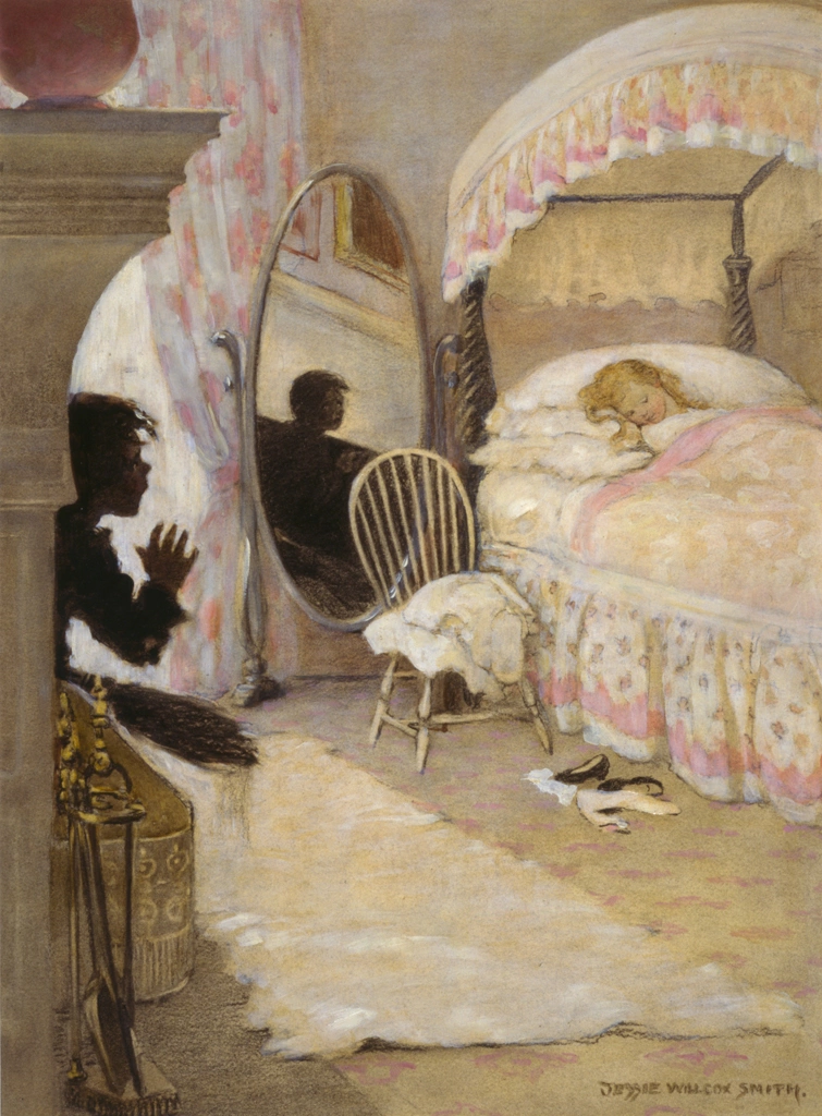 「水の子どもたち 挿絵 #2 （ベッドで眠るエリーに遭遇する煤だらけの煙突掃除夫のトム）」 ジェシー・ウィルコックス・スミス | 2