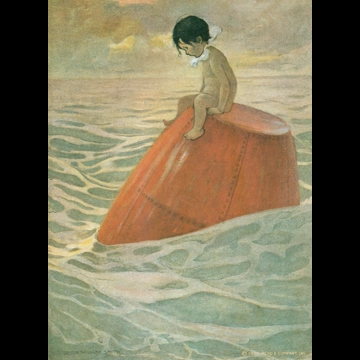 「水の子どもたち 挿絵 #5 （ブイに座る水の赤ちゃんになった煙突掃除夫トム）」 ジェシー・ウィルコックス・スミス