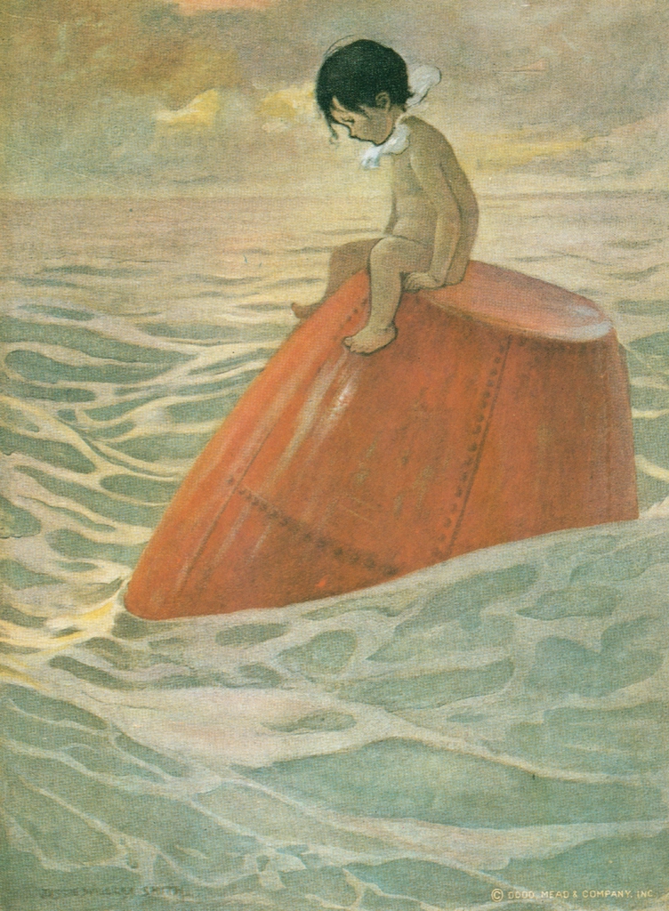 「水の子どもたち 挿絵 #5 （ブイに座る水の赤ちゃんになった煙突掃除夫トム）」 ジェシー・ウィルコックス・スミス | 1