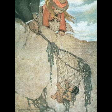 「水の子どもたち 挿絵 #6 （網で引き上げられる水の赤ちゃんになった煙突掃除夫トム）」 ジェシー・ウィルコックス・スミス