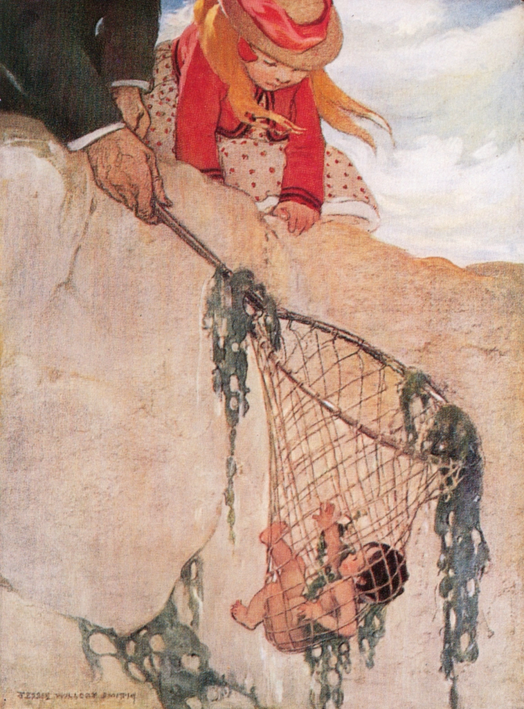 「水の子どもたち 挿絵 #6 （網で引き上げられる水の赤ちゃんになった煙突掃除夫トム）」 ジェシー・ウィルコックス・スミス | Jessie Willcox Smith: American Illustratorより
