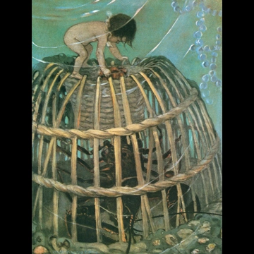 「水の子どもたち 挿絵 #7 （水の赤ちゃんになった煙突掃除夫トムと罠の中のロブスター）」 ジェシー・ウィルコックス・スミス