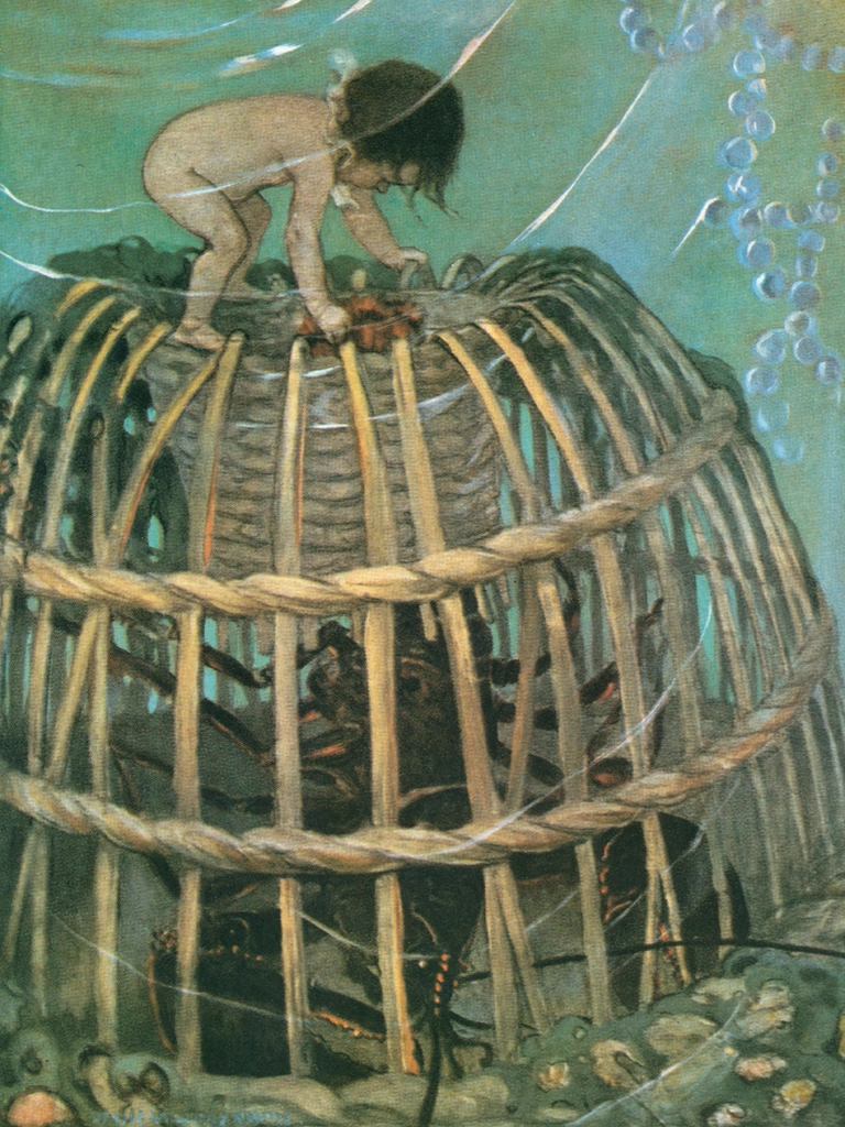 「水の子どもたち 挿絵 #7 （水の赤ちゃんになった煙突掃除夫トムと罠の中のロブスター）」 ジェシー・ウィルコックス・スミス | 1