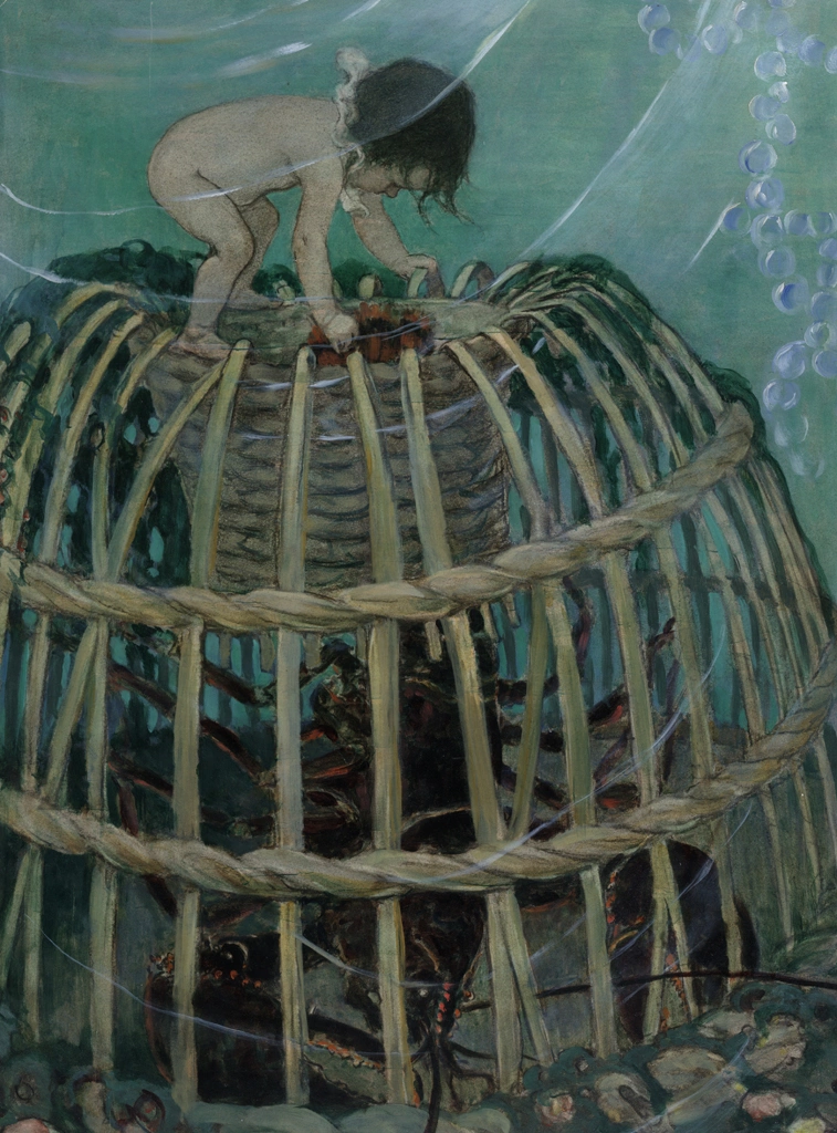 「水の子どもたち 挿絵 #7 （水の赤ちゃんになった煙突掃除夫トムと罠の中のロブスター）」 ジェシー・ウィルコックス・スミス | 2