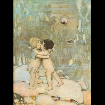 「水の子どもたち 挿絵 #8 （抱き合ってキスし合う水の赤ちゃんたち）」 ジェシー・ウィルコックス・スミス