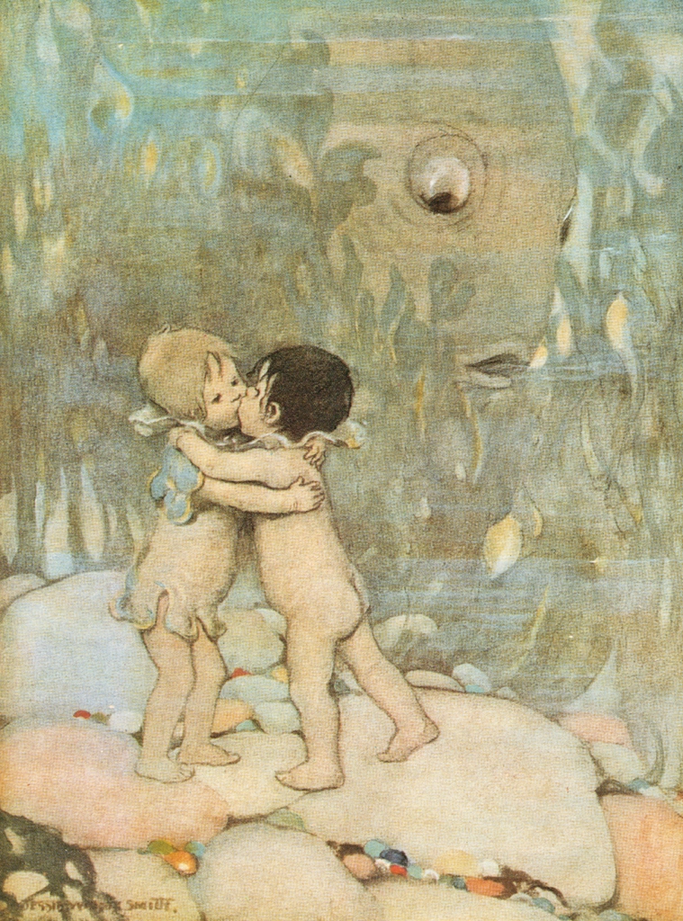「水の子どもたち 挿絵 #8 （抱き合ってキスし合う水の赤ちゃんたち）」 ジェシー・ウィルコックス・スミス | 1