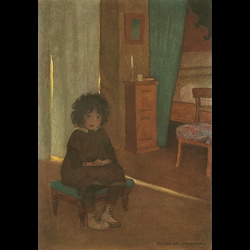 「アルプスの少女ハイジ 挿絵 #5 （それでハイジは毎日、家の中のすべてのものが緑に変わっていく様子や、黄色い花が太陽の下で輝いている様子を思い浮かべる十分な時間を過ごすことができました。）」 ジェシー・ウィルコックス・スミス