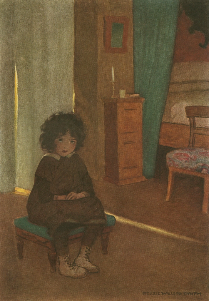 「アルプスの少女ハイジ 挿絵 #5 （それでハイジは毎日、家の中のすべてのものが緑に変わっていく様子や、黄色い花が太陽の下で輝いている様子を思い浮かべる十分な時間を過ごすことができました。）」 ジェシー・ウィルコックス・スミス | 1