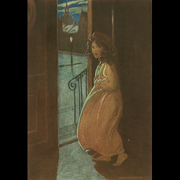 「アルプスの少女ハイジ 挿絵 #6 （月明かりが開いたドアから差し込み、戸口にじっと立っている白い人影に降り注いでいた。）」 ジェシー・ウィルコックス・スミス