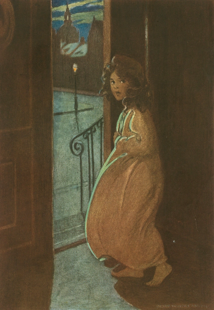 「アルプスの少女ハイジ 挿絵 #6 （月明かりが開いたドアから差し込み、戸口にじっと立っている白い人影に降り注いでいた。）」 ジェシー・ウィルコックス・スミス | 1