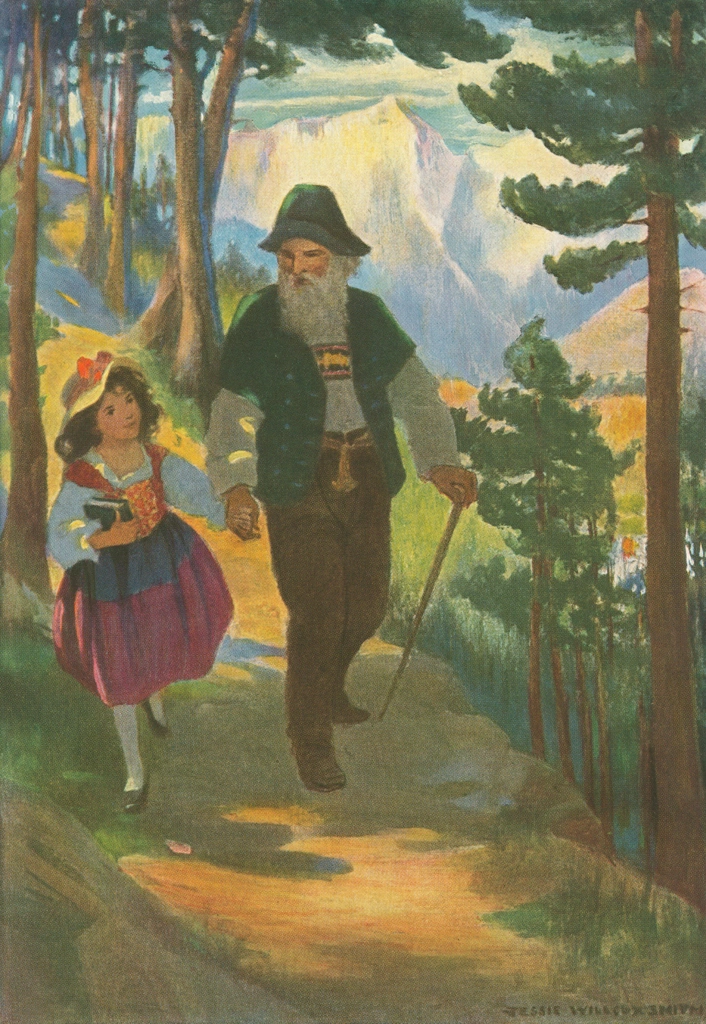 「アルプスの少女ハイジ 挿絵 #7 （鐘の音は今や四方八方から鳴り響き、谷に近づくにつれてより大きく、より豊かに響いてきた。）」 ジェシー・ウィルコックス・スミス | 1