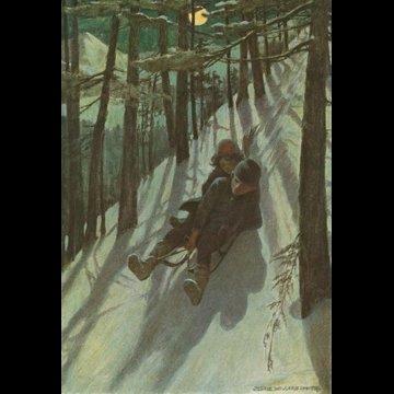 「アルプスの少女ハイジ 挿絵 #8 （二羽の鳥が空を飛び交うように、彼らは山を下っていった。）」 ジェシー・ウィルコックス・スミス