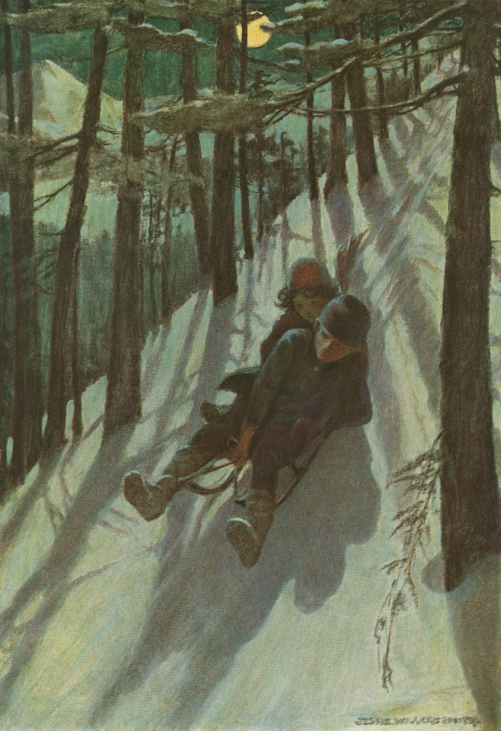 「アルプスの少女ハイジ 挿絵 #8 （二羽の鳥が空を飛び交うように、彼らは山を下っていった。）」 ジェシー・ウィルコックス・スミス | 1