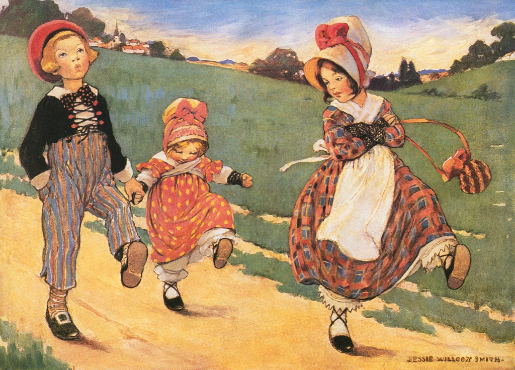 「マザー・グース 挿絵 #1 （片足上げて、もう片方の足下げて）」 ジェシー・ウィルコックス・スミス | マザー・グースより