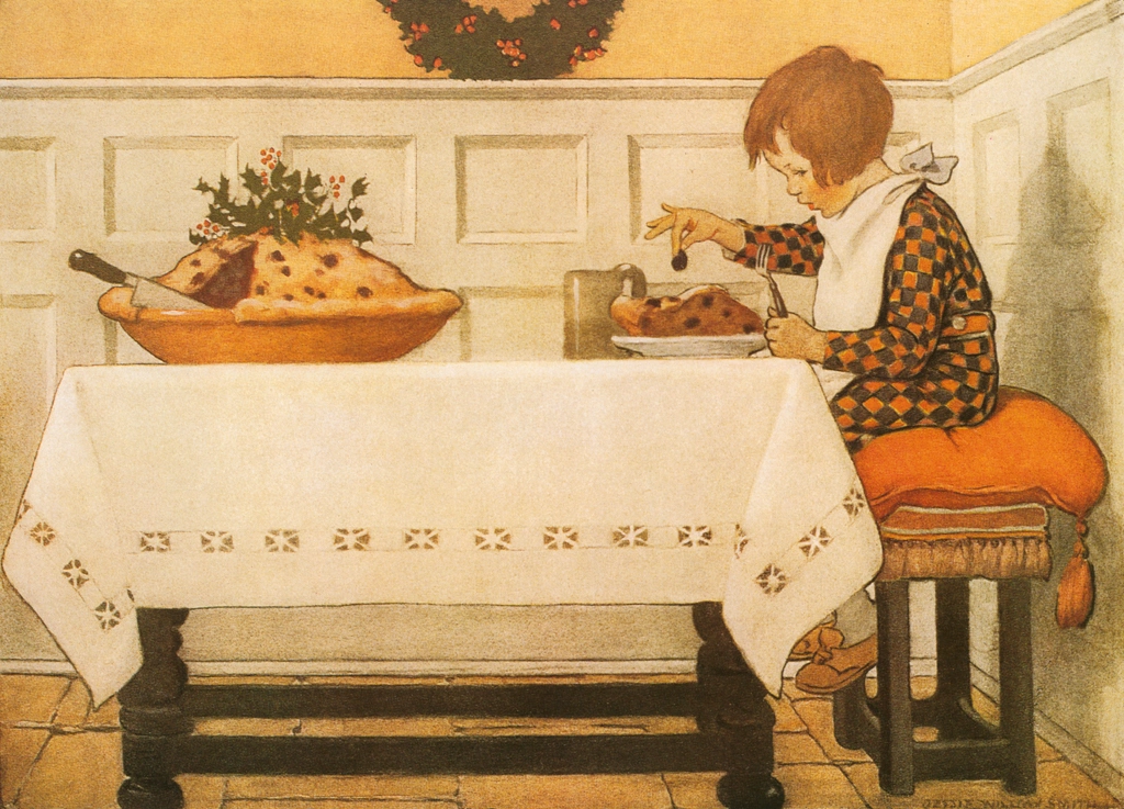 「マザー・グース 挿絵 #3 （ジャック・ホーナーちゃん、隅っこに座って）」 ジェシー・ウィルコックス・スミス | マザー・グースより