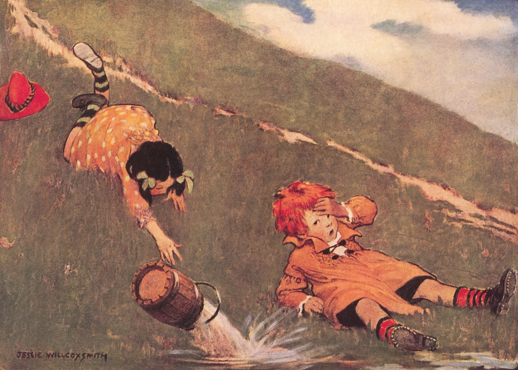「マザー・グース 挿絵 #4 （ジャックは転んで頭を打って）」 ジェシー・ウィルコックス・スミス | マザー・グースより