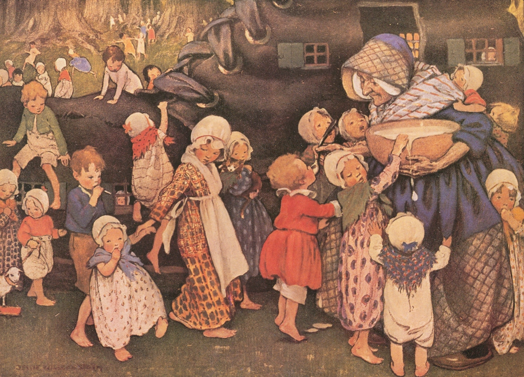 「マザー・グース 挿絵 #5 （おばあさんが、くつの家に住んでいた）」 ジェシー・ウィルコックス・スミス | マザー・グースより