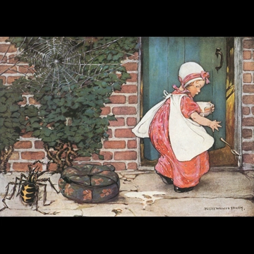 「マザー・グース 挿絵 #7 （ちいさなマフェットさん 丘の上に座ってた）」 ジェシー・ウィルコックス・スミス