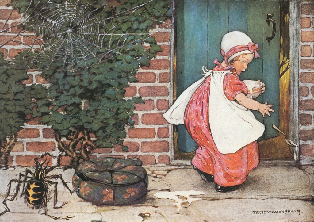 「マザー・グース 挿絵 #7 （ちいさなマフェットさん 丘の上に座ってた）」 ジェシー・ウィルコックス・スミス | マザー・グースより