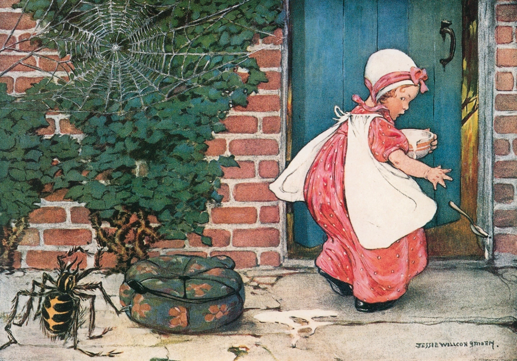 「マザー・グース 挿絵 #7 （ちいさなマフェットさん 丘の上に座ってた）」 ジェシー・ウィルコックス・スミス | Jessie Willcox Smith: American Illustratorより