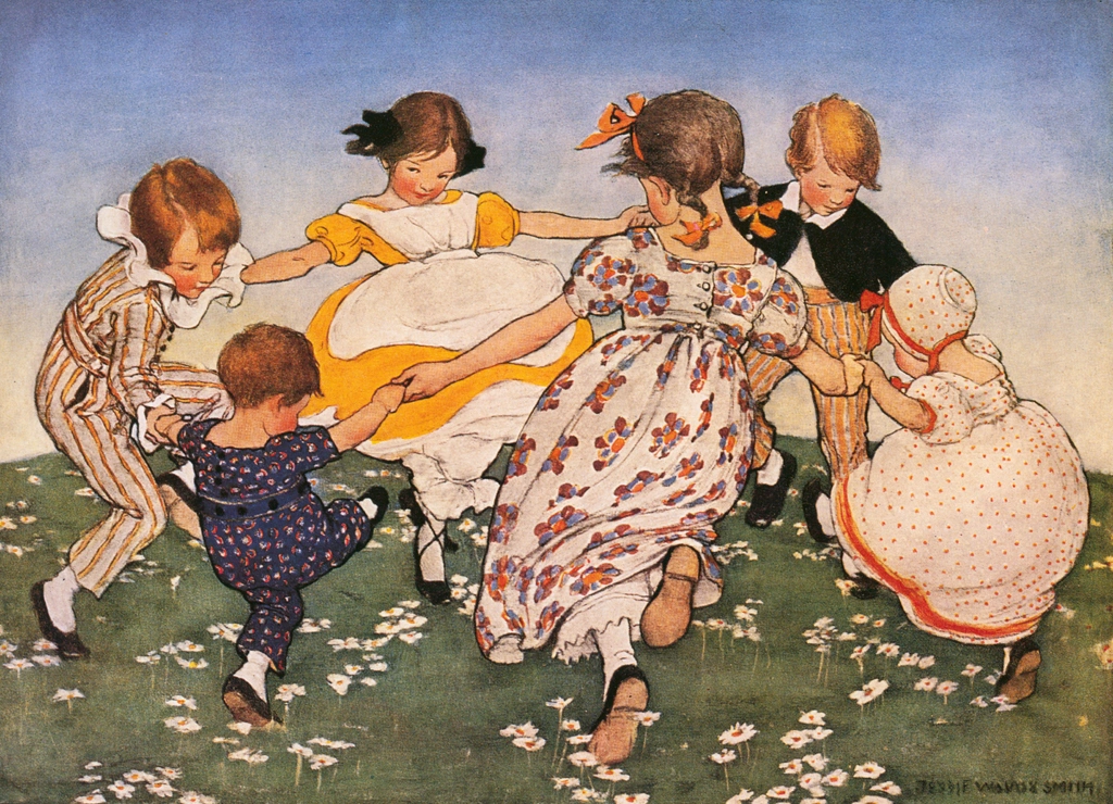 「マザー・グース 挿絵 #10 （バラの輪つくろう）」 ジェシー・ウィルコックス・スミス | マザー・グースより