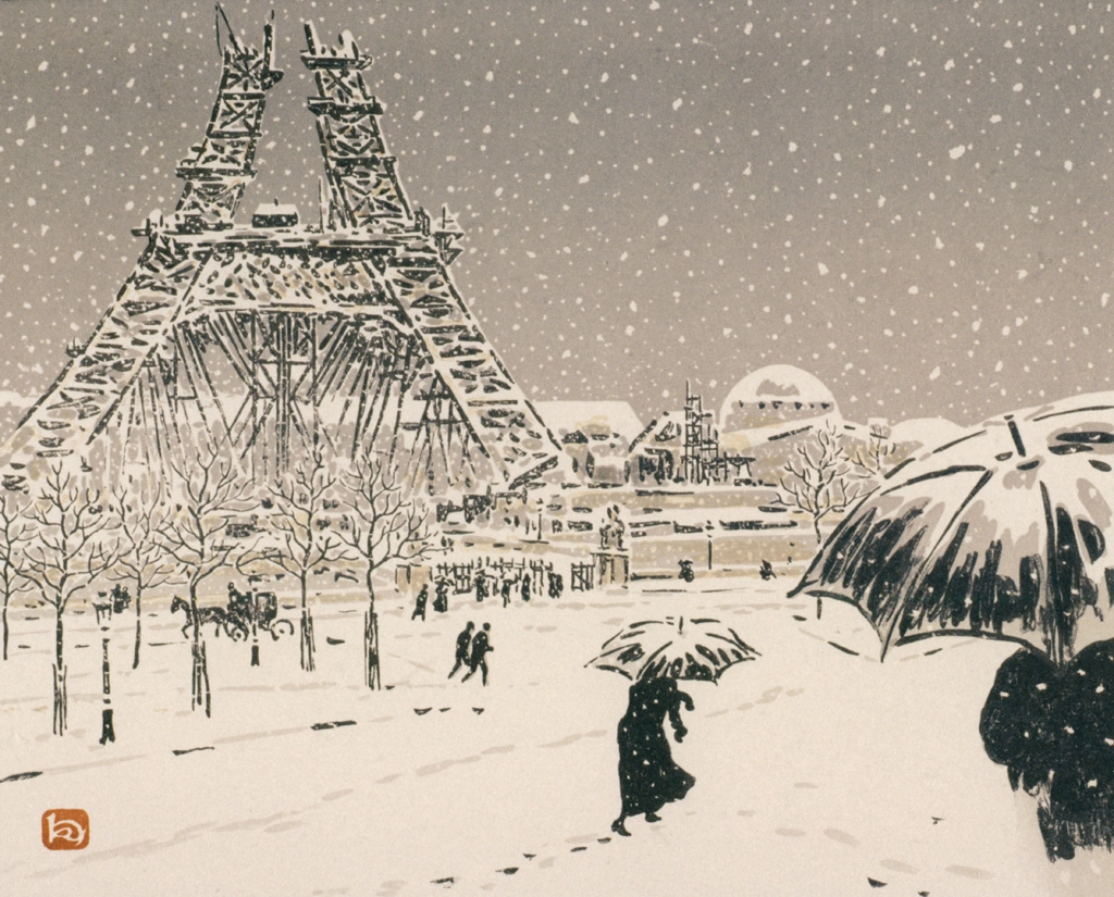 「エッフェル塔三十六景 建設中のエッフェル塔、トロカデロからの眺め」 アンリ・リヴィエール （1902年） | フランスの浮世絵師 アンリ・リヴィエール展より